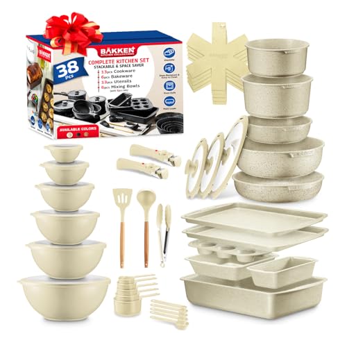 Bakken Master 38 Piece Granite Cookware and Bakeware Set – Nonstick Granite Coating, Pots and Pans with Detachable Handles and Tempered Glass Lids, 6-piece Bakeware set, 12-piece Mixing Bowls, White
