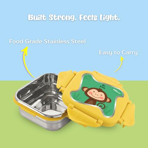 Image of STEELLOCK Smart Kids Stainless Steel Lunch Box, Leakproof & Airtight Tiffin Box for School Boys & Girls, BPA Free Food Grade with 4-Side Clip Lock | 360 ML | Yellow, 3D /UV Print Monkey