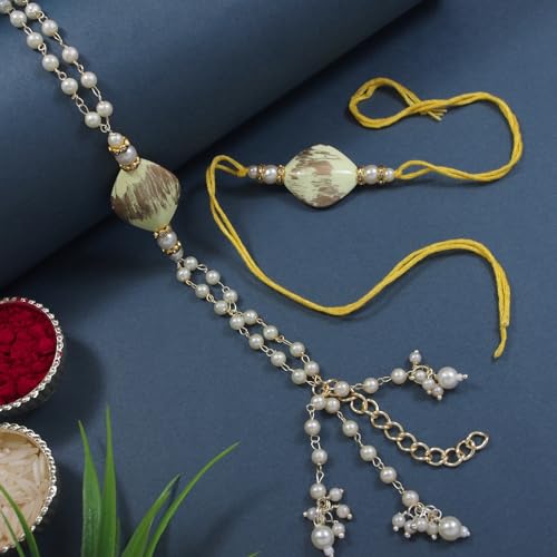Image of I Jewels Pearl Bhaiya Bhabhi Lumba Rakhi Bracelet Combo Set With Roli Chawal & Rakshabandhan Greeting Card