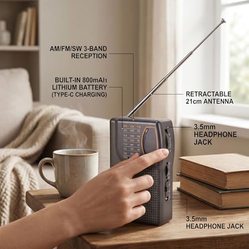 Radio portátil AM FM con batería recargable, antena y clip trasero miniatura 4