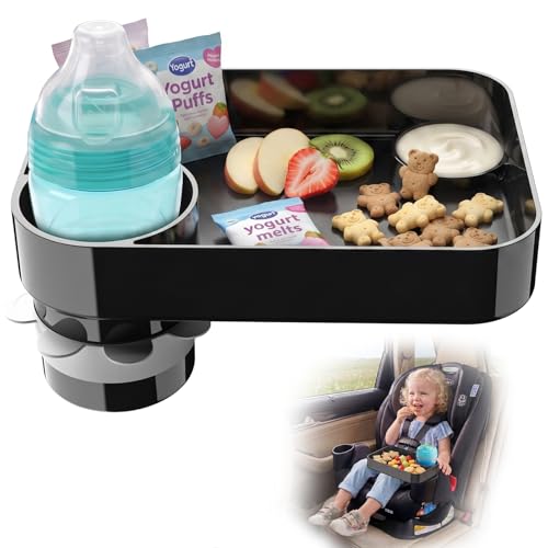 Car Seat Snack Tray for Kids, Mess-Free Square Travel Tray Cup Holder Snack Tray, Durable Car Food Tray for Toddlers, Fit Kids Travel Road Trip Essentials (1, Black)