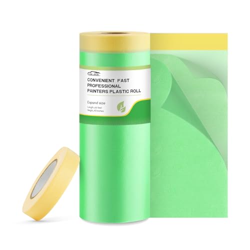 Image of Pre-Taped Masking Film for Painting 44 in x 65 ft Painters Plastic Roll Painters Plastic with Tape（1Rolls）
