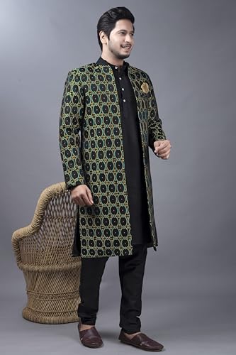Image of XEPON Men's Jacquard Ethnic Wear Kurta Pajama With Stylish Long Jacket Set