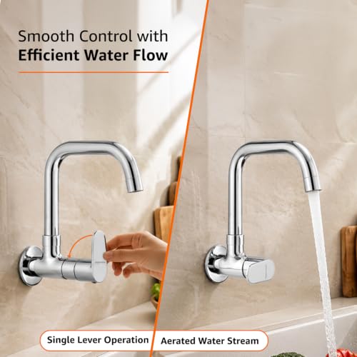 Image of Amazon Basics Rectangular Kitchen Faucet | Cold-Only Single Lever Sink Tap with 360 Degree Swivel Spout | Aerated Water Flow | 15mm / 1 /2 BSP | Kitchen Use [Chrome]