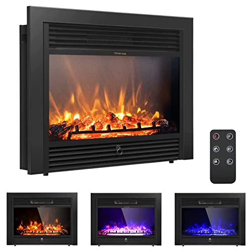 COSTWAY 28.5-Inch Electric Fireplace Inserts, 750W/1500W Wall Recessed and Freestanding Fireplace with 3 Flame Colors, 5 Brightness Settings, 8 H Timer, Remote Control, Fireplace Heater for Indoor Use