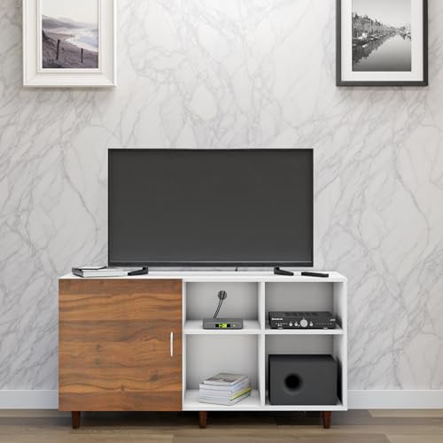 Image of VIKI Modern TV Unit for Living Room | Engineered Wood TV Cabinet with 1 Door Storage & 2 Open Shelves, Entertainment Unit, 140W x 74H x 40D cm | DIY | 1 Year Warranty (White & Walnut)