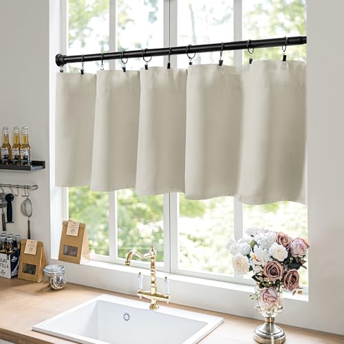 Image of FMFUNCTEX 100% Blackout Valance Curtains for Bedroom, Cream Textured Kitchen Window Curtains 18 Inch Length Thermal Insulated Curtains for Living Room, Rod Pocket Drapes Room Darkening 1 Panel