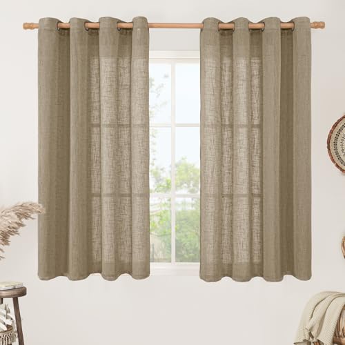 Image of LAMIT Semi Sheer Linen Curtains 45 Inches Long, Light Filtering Panels Bronze Grommet Country Decor Drapes for Bedroom /Window /Farmhouse, Taupe, 2 Panels, 52 x 45 Inch