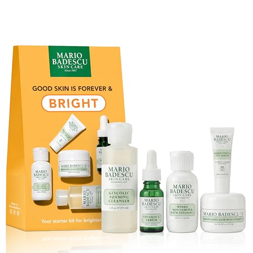Mario Badescu Good Skin Is Forever & Bright 5-Piece Skincare Set Glycolic Cleanser Vitamin C Serum Hydro Moisturizer Brightening Mask & Eye Serum for Radiance