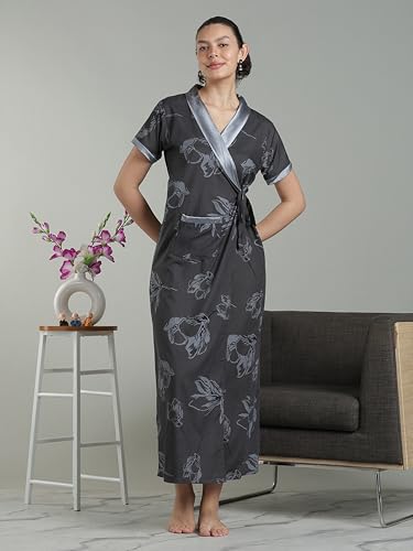Image of 9shines Label Stylish Cotton Nighty Robe for Women | Front Open Floral Housecoat | Wrap Nighty with Pocket | Adjustable Waist Tie | Plus Size housecoat (HC-2026)