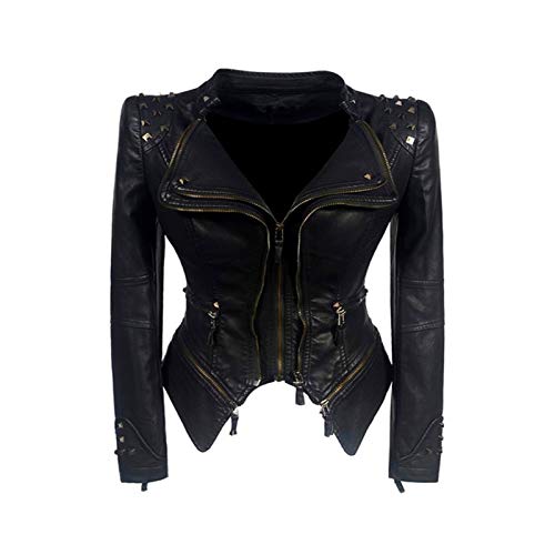 Frauen Biker-Jacke Slim Fit Short Lederjacke Mit Nieten Damen Multi-Zip Motorcycl Outwear Classic Black Punk Kostüm Mädchen Herbst