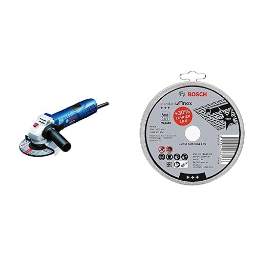 Bosch Professional GWS 7-115 E, Amoladora angular (720 W, 2800 – 11000 rpm, Ø Disco 115 mm, protección rearranque, en caja), Negro/Azul + Disco de corte inox, 115mm, 10 Unidades
