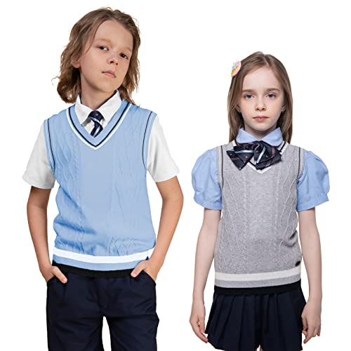 Kid Nation Boys Sweater Vest Cable Knit 100% Cotton Unisex Toddler Uniforms Vest For Big Boys Girls Childrens 5-6 Years Light Blue #TOP2