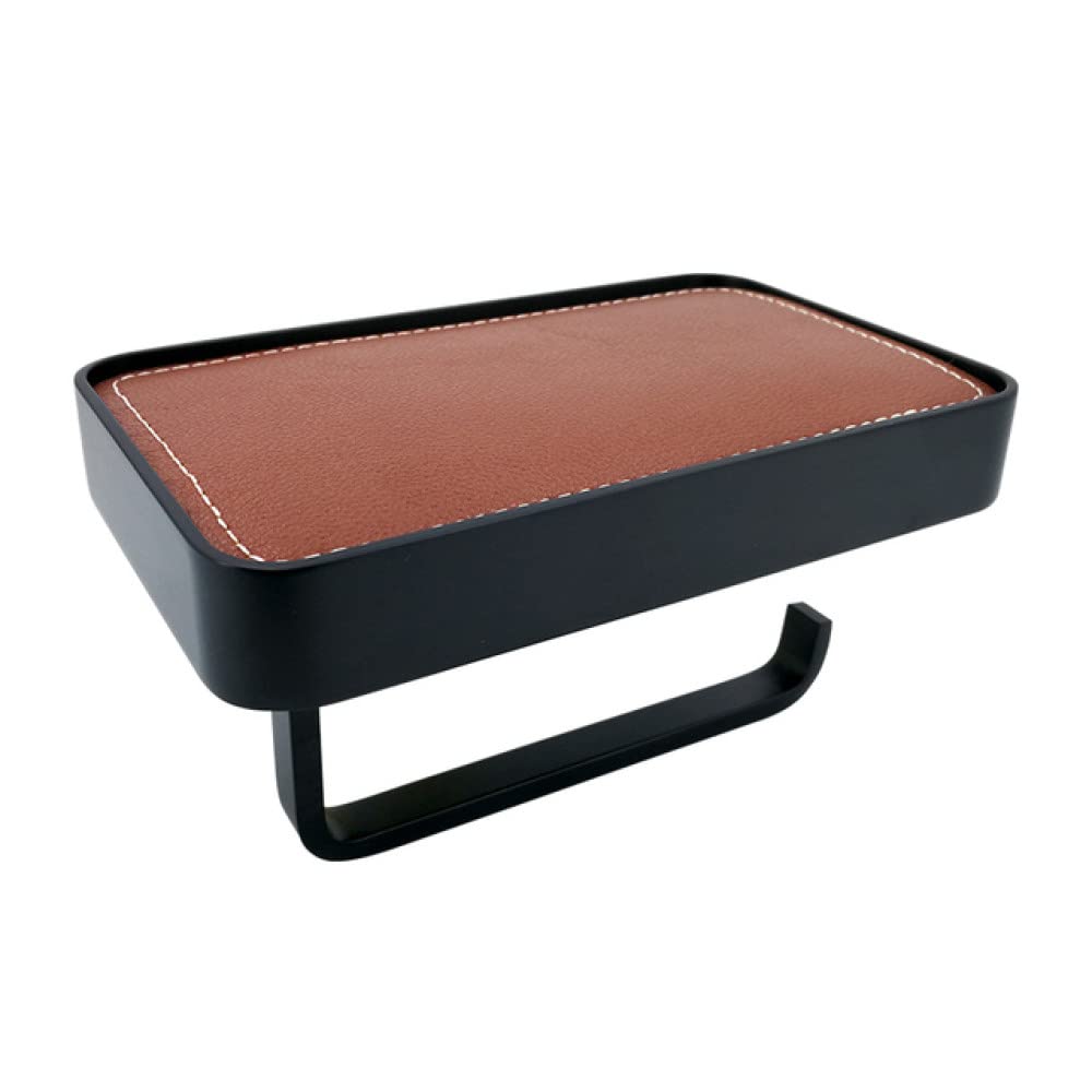Portarrollos de Papel higiénico de Lujo con Estante para teléfono, Estante para Rollos de Papel higiénico, Accesorios de Montaje en Pared, Cromo Negro Dorado, Piel de Vaca Negra