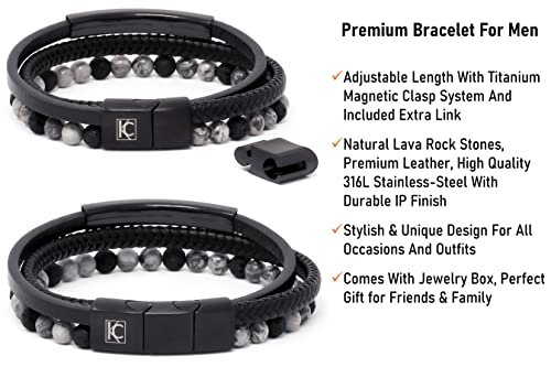 Kc Premium Men’s Beads Leather Bracelet Passion Lava Rock Stone Inspirational Engraved Adjustable Magnetic Clasp Stainless Steel Handmade Natural Braided Multi-Layer Cuff Bangle Wristband Black Grey #TOP2