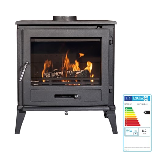 EIDER BIOMASA – Estufa de Leña IRIS en Fundición – 10 kW – Nominal 8,2 kW – Compacta 74x47x62 cm – Calienta hasta 170 m³ – Clase A – Diseño Clásico y Alta Inercia Térmica