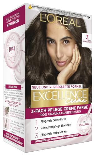 LOréal Paris Permanente Haarfarbe 100% Grauhaarabdeckung Haarfärbeset mit Coloration Shampoo und 3-Fach Pflege Creme Farbe Excellence Creme 3 Dunkelbraun 3 x 268 g