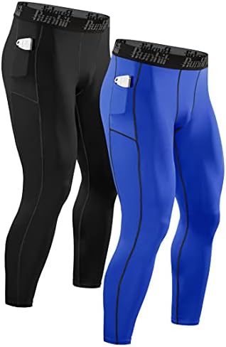 Runhit Mens Compression Leggings Compression Pants Men with Pocket Running Tights for Men Workout Athletic Thermal Winter Biker Base Layer Blue Black 2 Pack XL