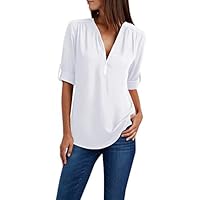 T-Shirts À 3/4 Manches Femme Tee Shirt Couleur Unie pour Femmes Col en V Fermeture Éclair Manches Longues Tops Lâche Respirant Grande Taille Décontractée Tunique Blouse Pas Cher