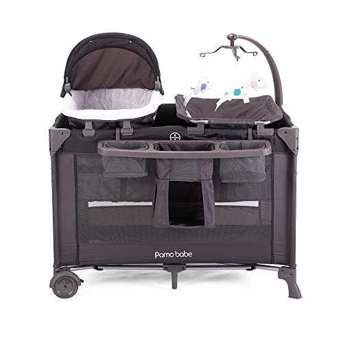 Image of Pamo babe 4 in 1 Portable Crib for Baby,Nursery Center with Removable Canopy, Changing Table, Lockable Wheels, Storage Bag