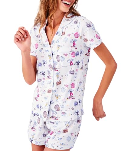 Image of Womens Y2k Preppy Pajamas Set, 2 Piece Button Down Monkey Beach Shorts Set Holiday Vacation Loungewear Pjs for Jammies Back to School Party Birthday Gifts(Dance Monkey, XX-Small)