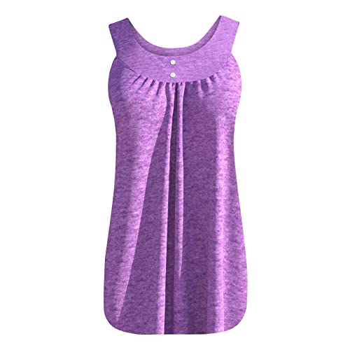 Lastesso Womens Tank Tops Summer Trendy Halter O Neck Tunic Tops Sleeveless Button Loose Pleated Shirts Basic Daily Blouses #TOP4