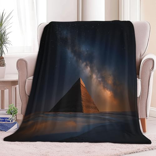 Digitale Kunst Sternenhimmel Ägyptische Pyramiden Kuscheldecke Kinder Erwachsene Decke 130 x 150 cm Flauschig Flanell Wohndecke, Blau Soft Warm Winter Fleecedecke Sofadecke Tagesdecke