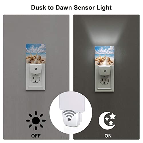 Image of Starfish Seashells Night Light Set of 2, Summer Beach Auto Sensor LED Dusk-to-Dawn Nightlights, Plug-in Sensor Lamp for Bedroom Bathroom Kitchen Hallway Stairs Decorative