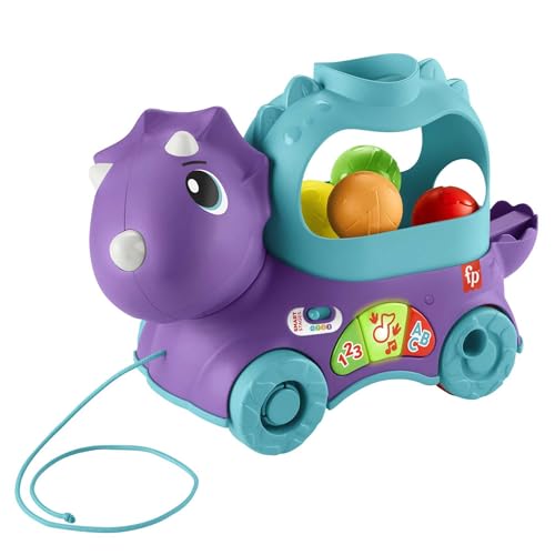 Fisher-Price Dinosaurio de Juguete de Arrastre con Bolas, Luces y Sonidos, para bebés +1 año, versión español + portugués + Italiano + inglés (HNR52)