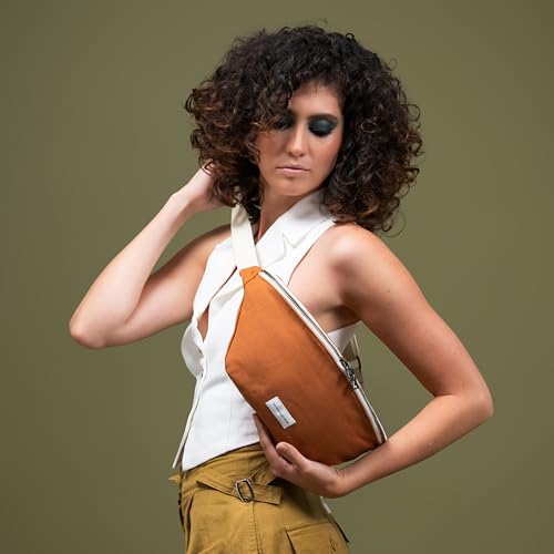 Image of The Peacock Crew Canvas Crossbody Sling Bag for Men & Women - Adjustable Strap, Dual Zippers Left /Right Handed, Secure Everyday Travel Fanny Pack Shoulder Pouch, Trekker Brown Camel, 14.5 x 6.3 x 3.6