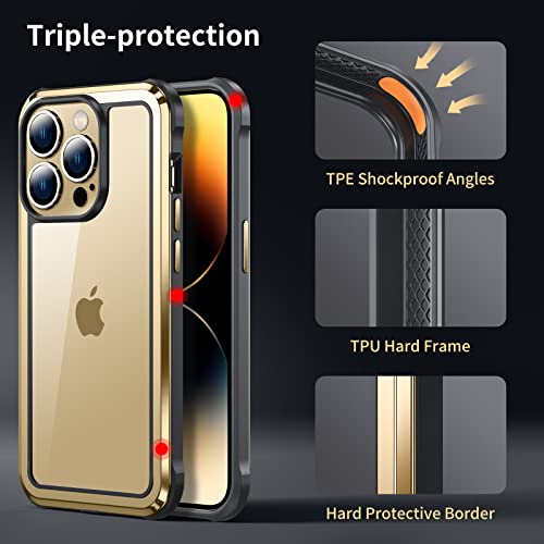 Auleegei Stainless-Frame Metal Designed For Iphone 14 Pro Max Case Clear [10 Ft Military Drop Protection] Protective Shockproof Bumper With Flexible Tpu Frame Hard Phone Cover Women Men 6.7 Inch-Gold #TOP2