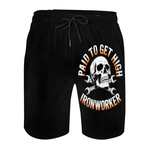 Funny Ironworker Cool Skull Mens Swim Trunks Boys Quick Dry Board Shorts with Mesh Lining