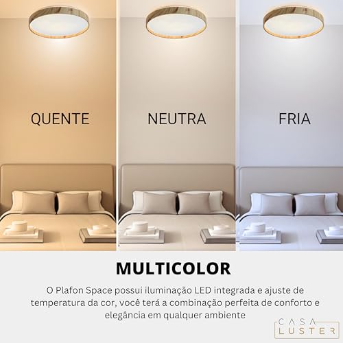 Plafon de Sobrepor LED Redondo Modelo Space Slin 18W 33cm Acabamento em Madeira Multicolor com 3 Tem