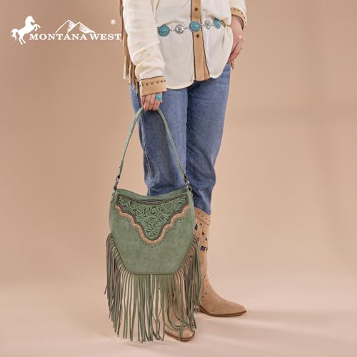 Image of Montana West Fringe Shoulder Bag for Women Western Tooled Hobo Tote Bag Purses