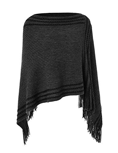 Ferand Poncho Jersey Casual Tejido a Rayas con Flecos para Mujer - Talla única (se Adapta Mejor a S - L) - Negro