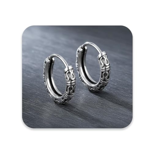 Image of VAMA FASHIONS Oxidised Silver Hoop Earrings in Tribal Bali Design Lightweight Ethnic Look Ear Accessories for Men