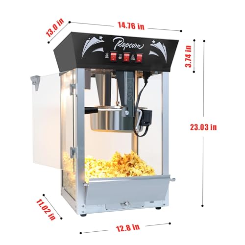 Image of Commercial Popcorn MAKER Machine, 12 Ounce Kettle Stainless Steel Popcorn Maker with Tempered Glass, Warming Deck, 850W Countertop Popcorn Popper for Parties, Events, and Home Theater, Black
