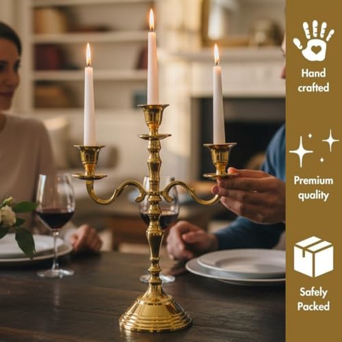Image of 3 Arm Aluminum Candelabra Gold Finished 12 Inch Candelstick Holders Gothic Decorations | Candle Holder for Home Decor, Wedding & Centerpiece for Dining Table