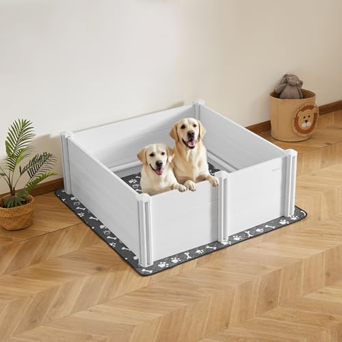 VEVOR Wurfkiste für Hunde, 122x122x46cm, Welpenlaufstall aus Kunststoff-PVC mit höhenverstellbarer Tür & waschbarer PIPI-Unterlage, verformungssicherer Welpenkiste für große Hunde, Milchweiß