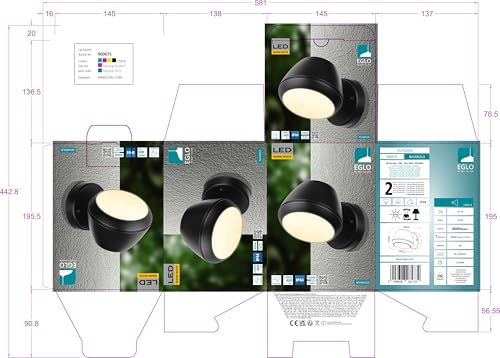 EGLO LED outdoor wall light fixture Nivarolo, external porch lighting, outside spotlight, downlight façade lamp, black metal - Image 4