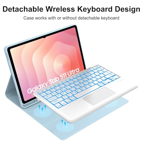 Image of Keyboard Case for Samsung Galaxy Tab S11 Ultra 14.6 inch 2025 (SM-X930 /X936B), 7 Color Backlit,Multi-Touch Trackpad,Magnetic Detachable Wireless Bluetooth Keyboard with S Pen Holder,Sky Blue