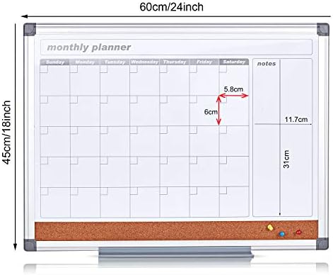 Swansea Wall Planner Magnetic Whiteboard Monthly Calendar Board with 2 Dry Erase Marker+3 Magnets+6 Pins,60x45cm