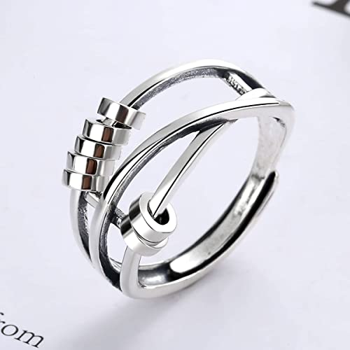 2pcs Fidget Band With Beads Spinner Rings for Women,Anti Anxiety Ring Stainless Steel Ring Sand Blast Finish.Unisex Adjustable Stacking Worry Ring4