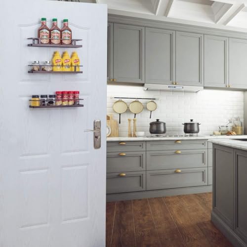 Image of Wall Mounted Spice Rack Organizer Hanging Spice Seasoning Rack bathroom Shelf Holder with 5 utensils hanging hooks Organizer Storage for Kitchen Cabinet (set of 3)