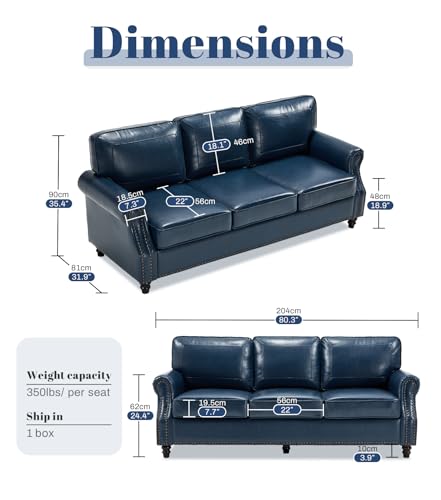 Image of Kingfun Mid-Century Modern Couch, Faux Leather Sofa, 3 Seater Couch for Living Room with Rolled arms & Nailhead Trim, Blue
