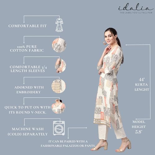 Image of idaLia Women's Off White Printed Cotton Kurta with Printed Pants
