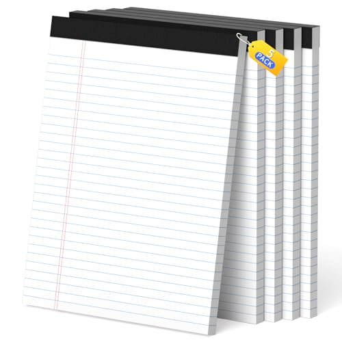 Legal Pads 8.5 x 11, White Note Pads, Wide Ruled Paper - 5 Pack (250 Sheets Total), Thick 80gsm Premium Writing Pads with Perforated Pages & Sturdy Backing Board for Office, School, Home
