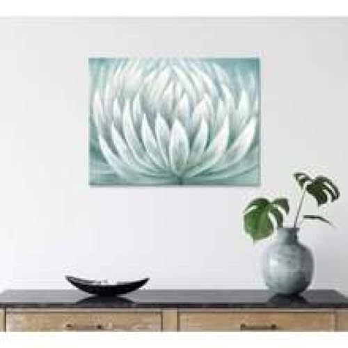 Toile florale blanche 40x60 cm turquoise et lotus contemporain - 3