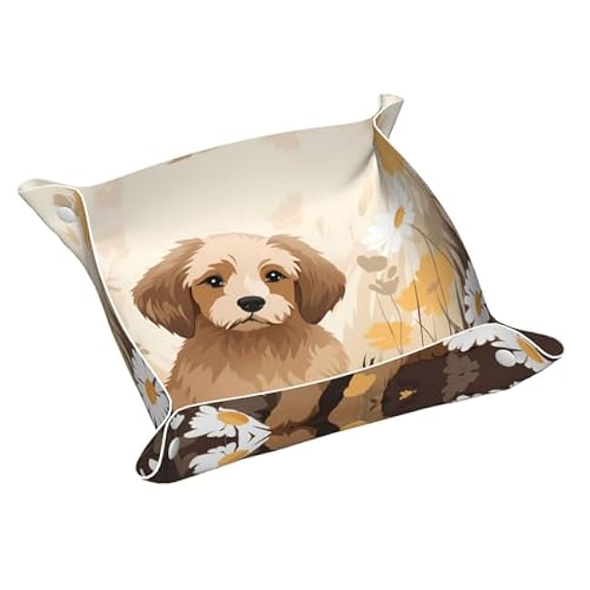 Puppy in The Flowers Small Personalized Leather Storage Tray, Desktop Storage Box, Optimized Space Management