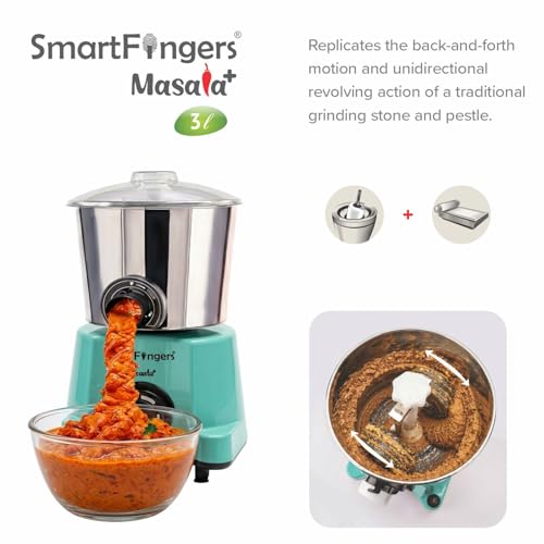 Image of SmartFingers Masala + Table Top Wet Grinder 230V, 3 Liter, Green with Coconut Scrapper & Atta Kneader Attachment | Hands-Free Batter Dispenser | Top Wiper, 220W Motor | 5 Years Warranty | AISI 304
